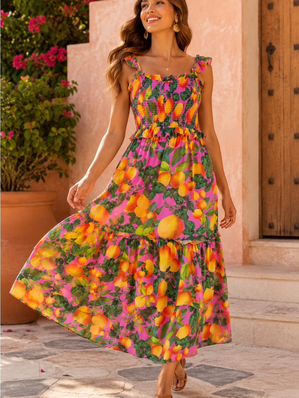 Farm Rio Mango Print Smocked Tiered Midi Dress Pink Tropical Xs